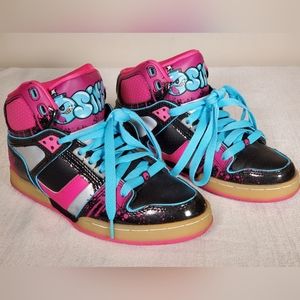 EUC Osiris NYC 83 SLM ULT Gray Black Pink Graffiti Skateboard Shoes Women’s US 8